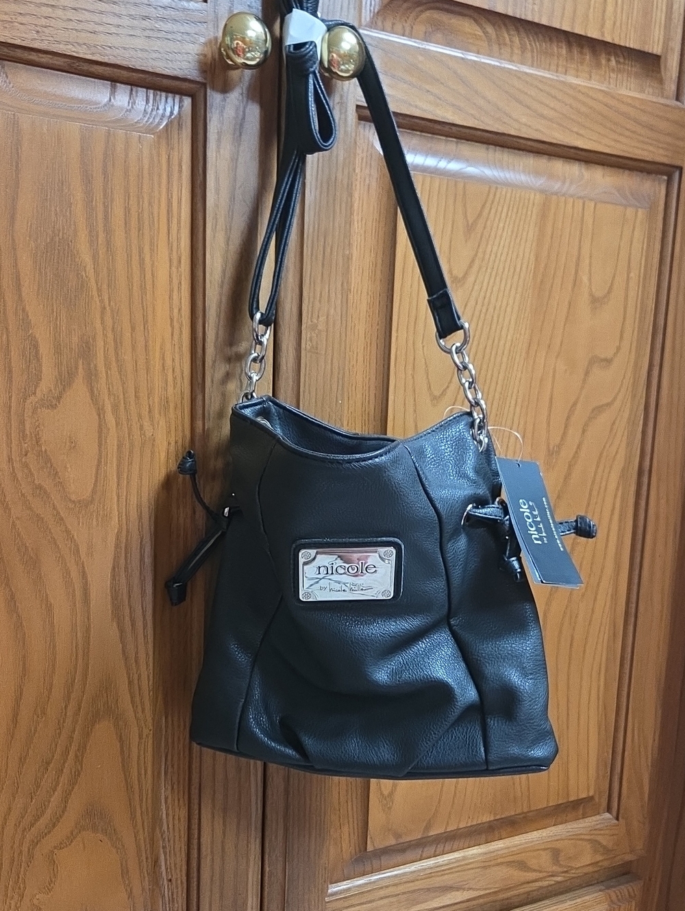 Nicole by Nicole Miller Black Pebbled Leather Shoulder Bag with Silver Plaque